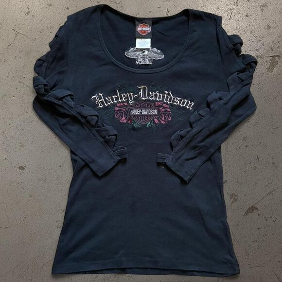 Vintage Womens Harley Davidson Grunge Embroidered Tee SZ S - Picture 1 of 4